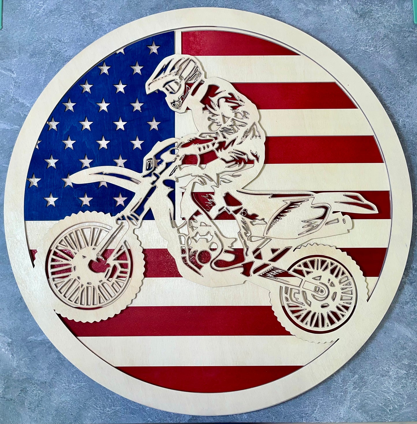 Motocross Biker on American Flag | Laser Cut